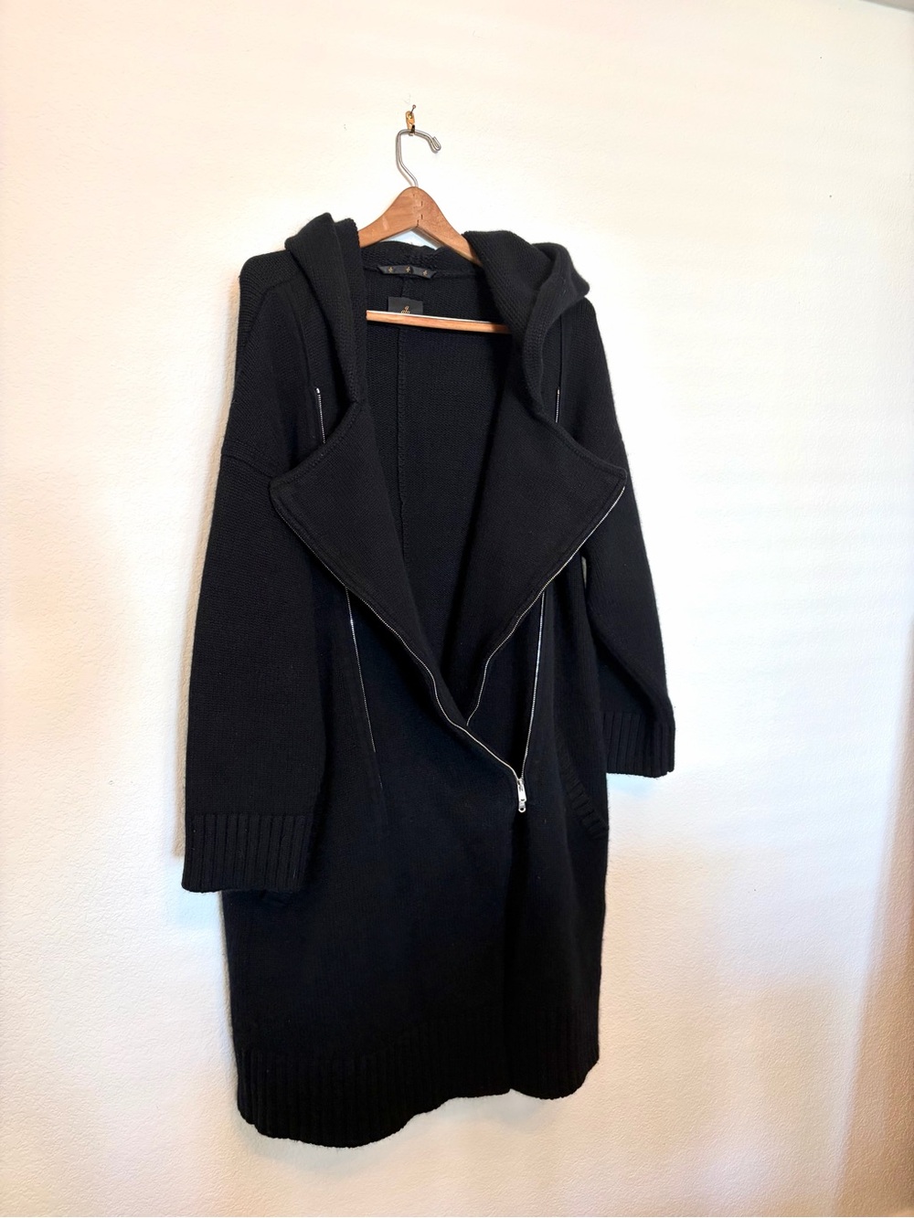Niche Japanese Designer Men's Black Zip-Up Hooded Knit Sweater Coat